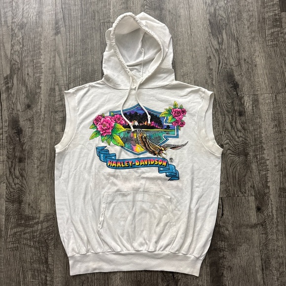 Vintage 80s Harley Davidson Eagle Floral Biker Short Sleeve Hoodie - Picture 1 of 7